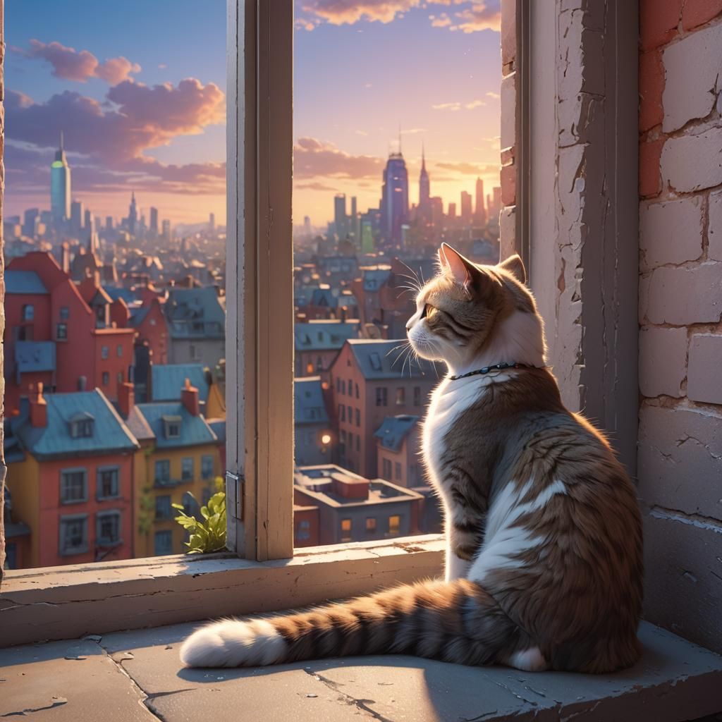 Cat Gazing at Cityscape in Pixar Style