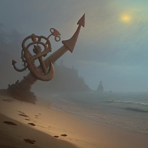 Rusty Anchor in Sand: Ethereal Fantasy Scene