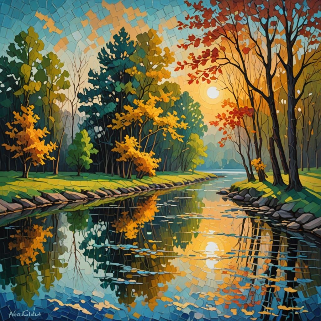 Fading Sun Over Peaceful River Park in Neo-Impressionist Sty...