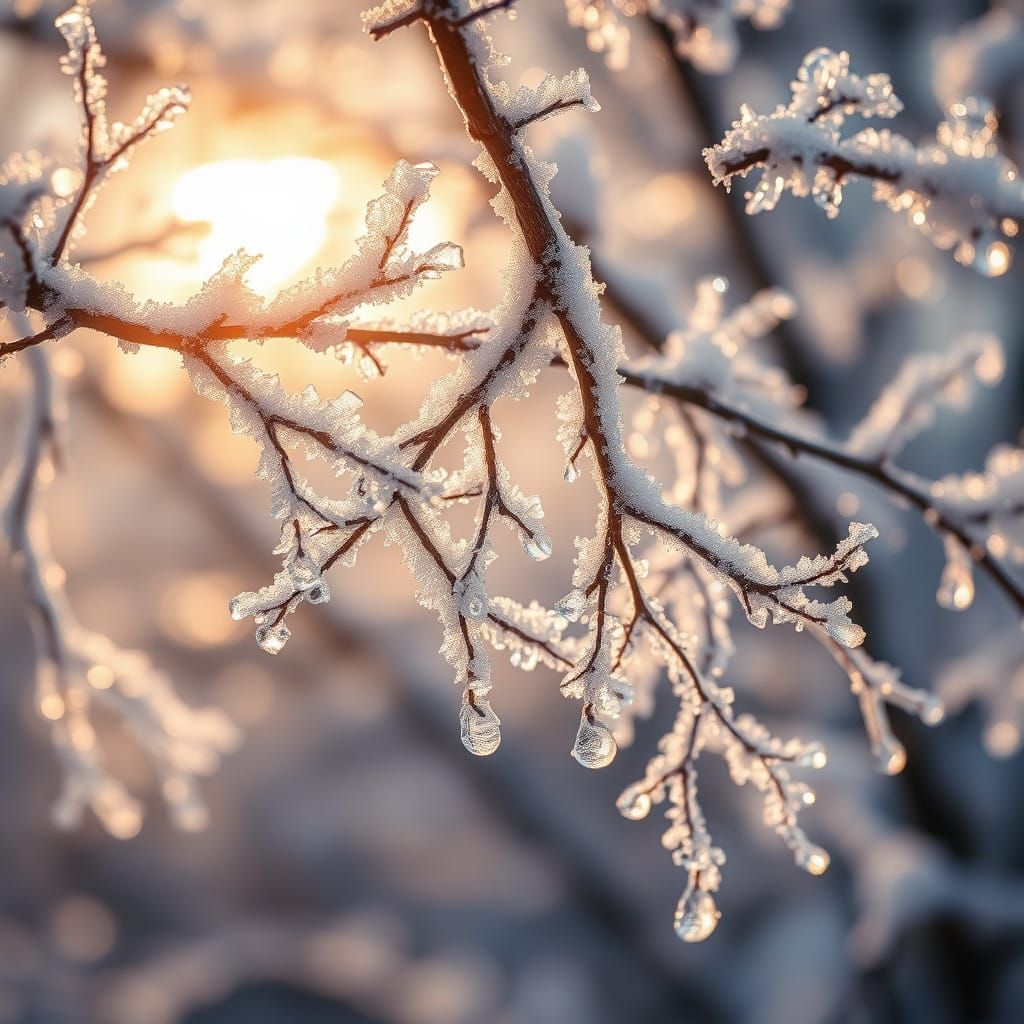 Frozen Tree Branches Sparkle in Winter's Soft Light