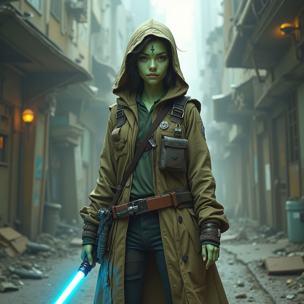 Confident Mirialan Woman with Lightsaber in Dystopian Citysc...