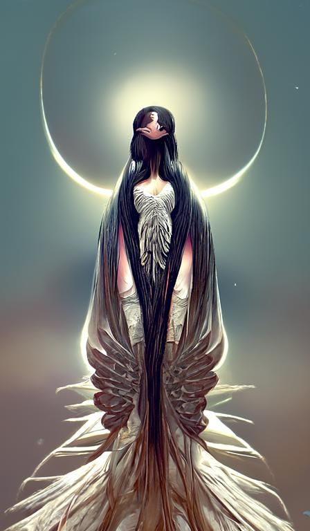 Crowned Angel Gazing at Moon in Matte Oil Painting