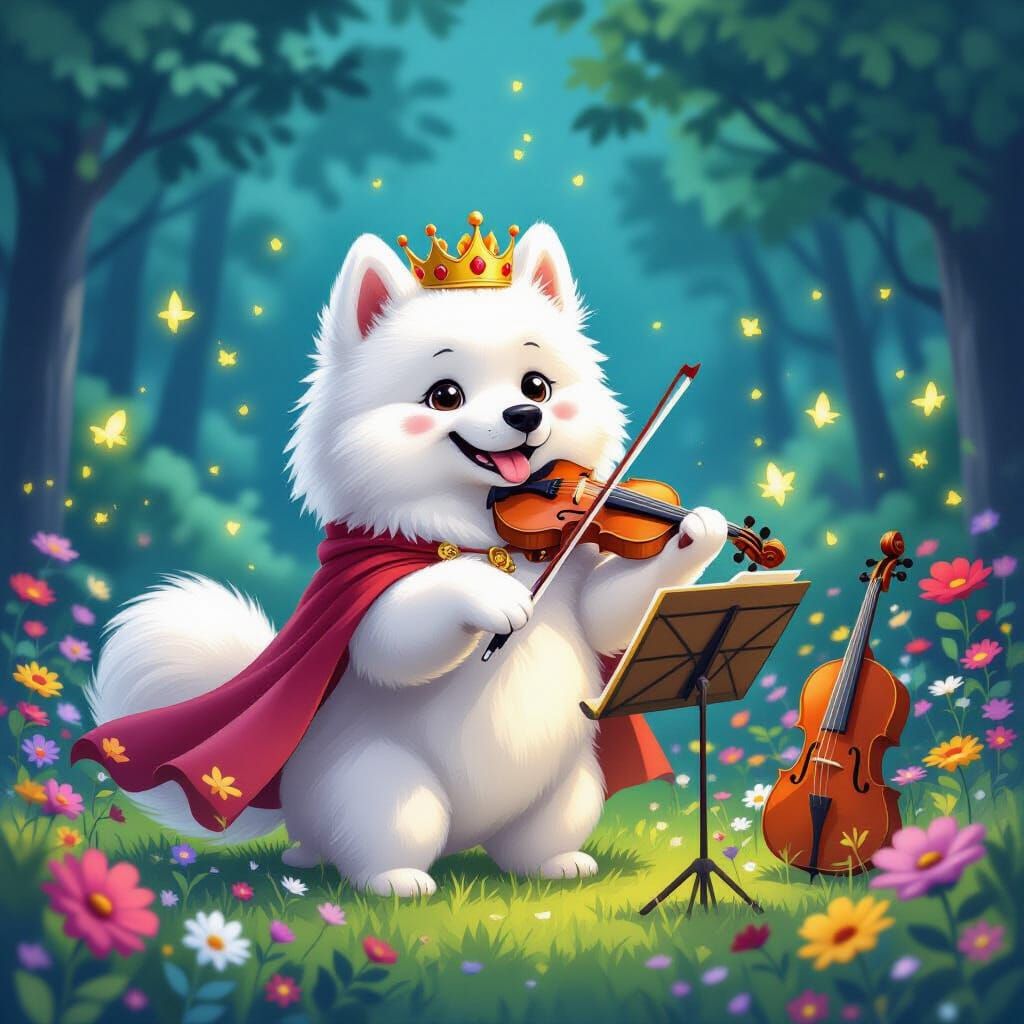 Samoyed Dog Conducts Flower Orchestra in Magical Meadow