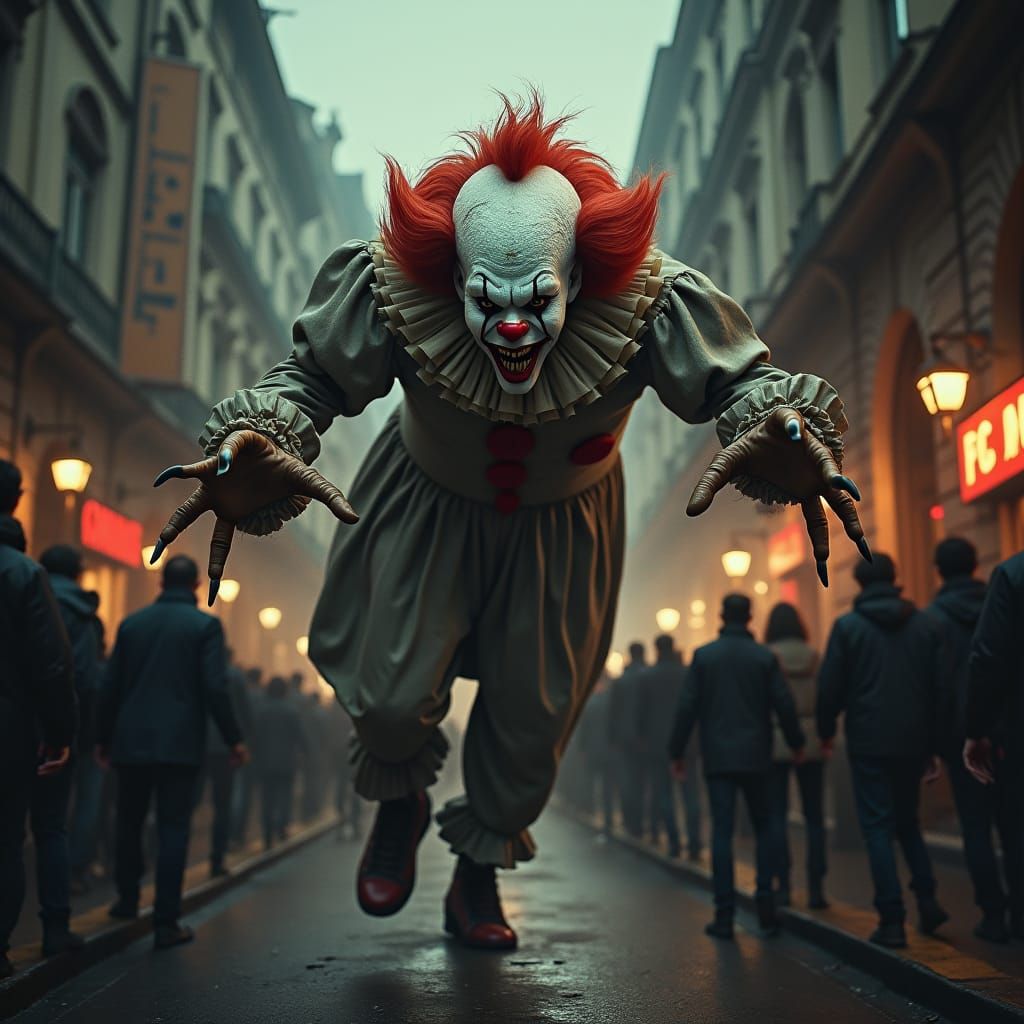 Grotesque Clown Menaces Street in Gritty Art Style