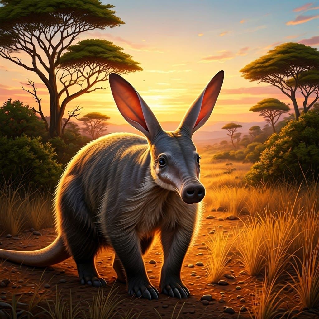 Aardvark in South African Veldt at Dusk