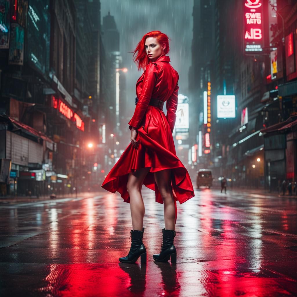 Redhead in Red Dress Defiant on Rainy Street