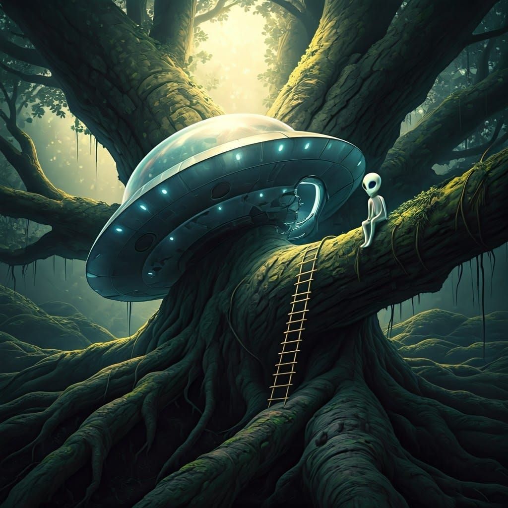 Dreamy Alien Crash Landing in Ancient Tree Drawing