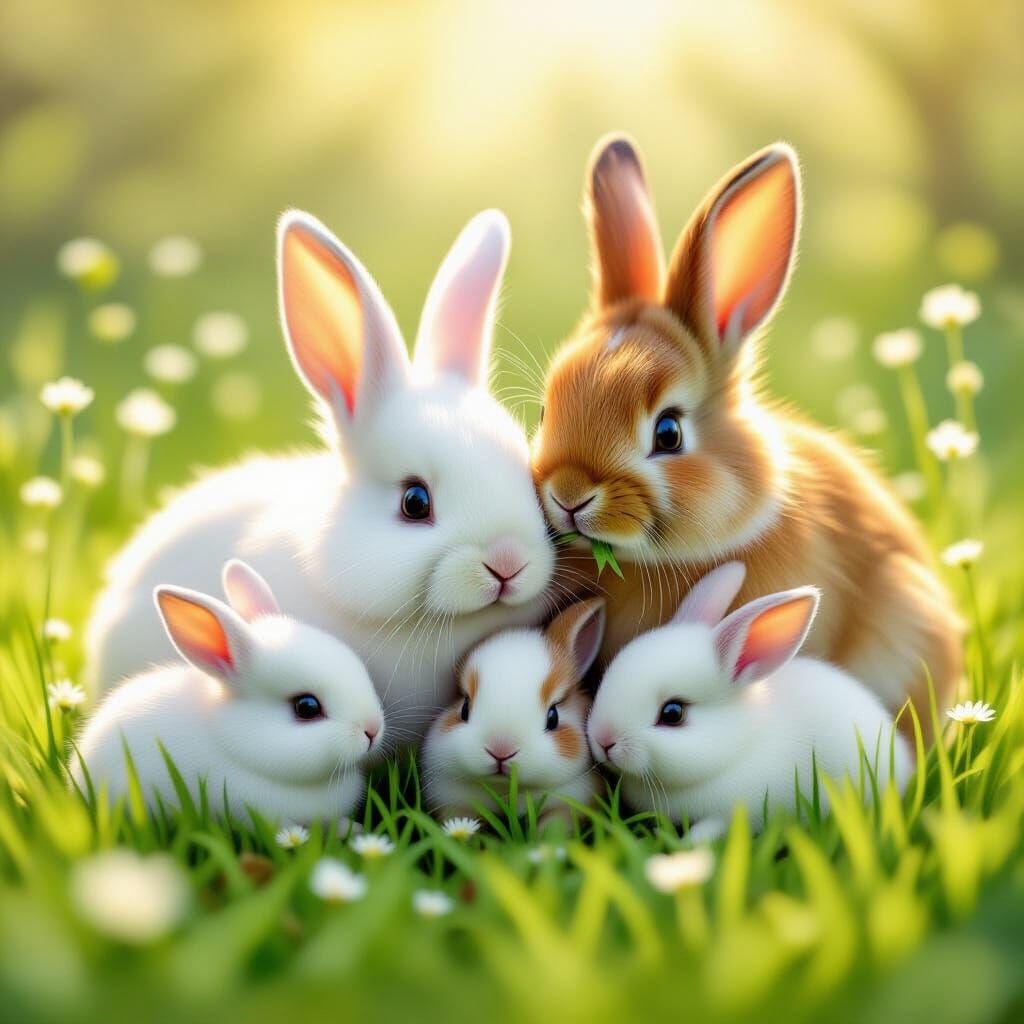 Whimsical Bunny Family in Sunny Meadow