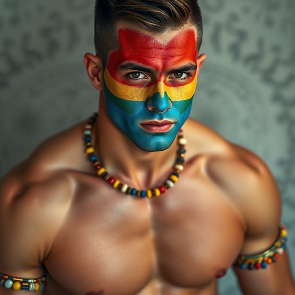 Pride Celebration: Muscular Man with Vibrant Face Painting
