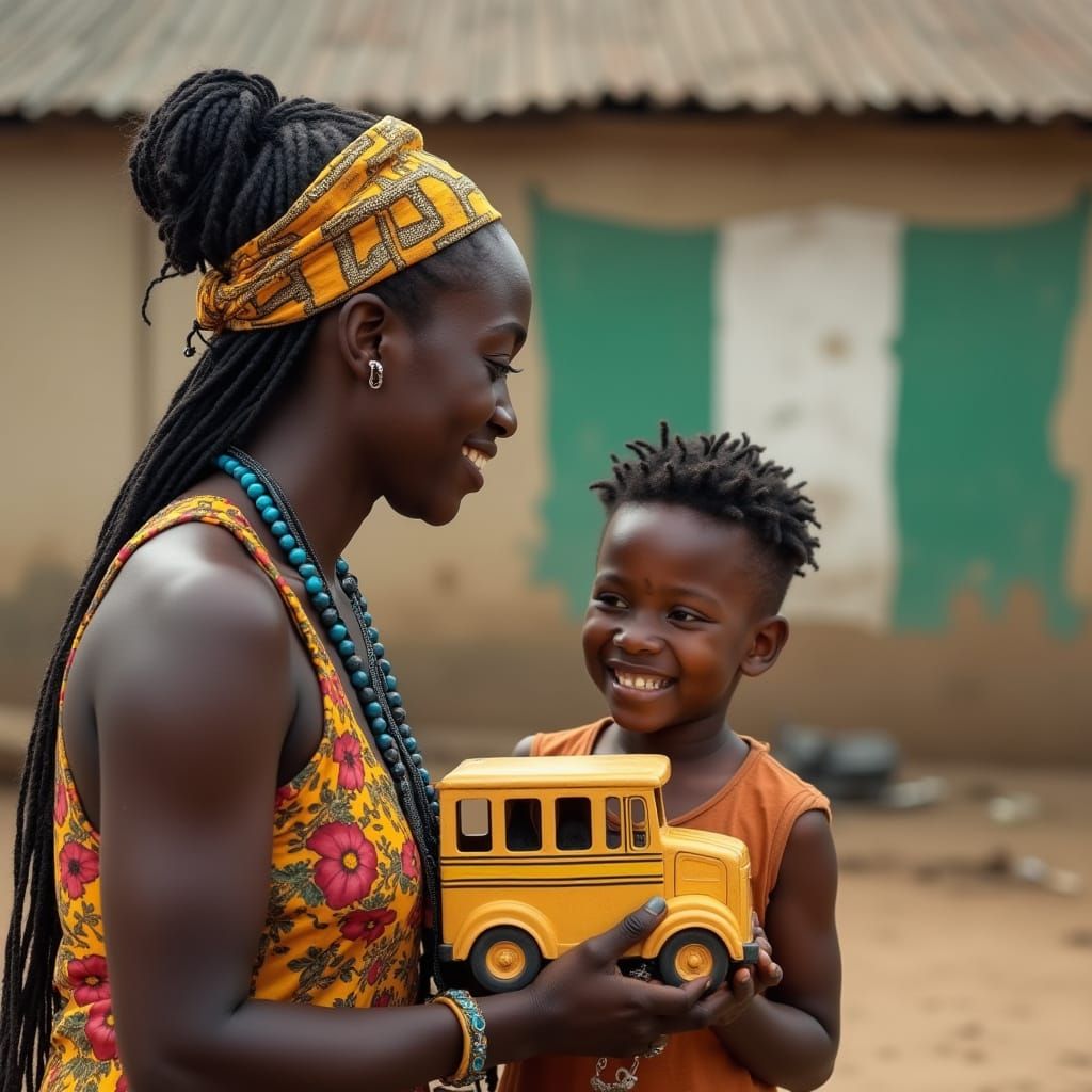 African Mother's Joy in Traditional Nigerian Village