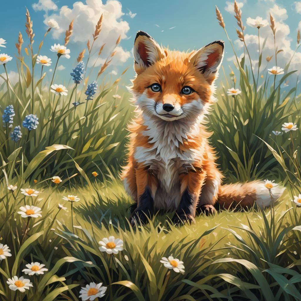 Fox Kit in Meadow: Whimsical Digital Painting