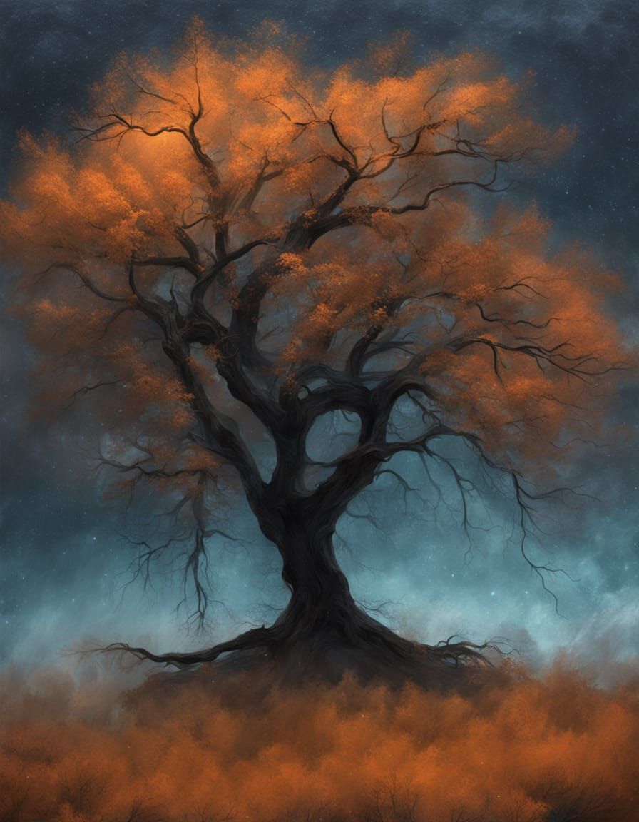 Ethereal Nocturnal Landscape with Twisted Tree in Impasto St...