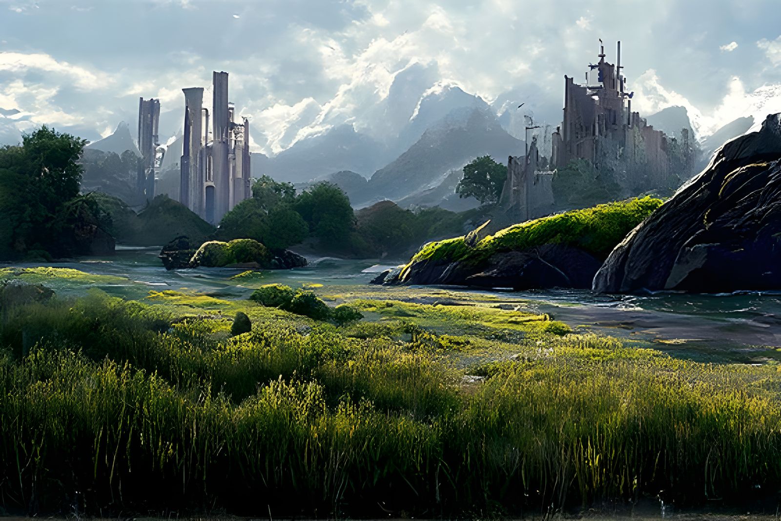 Serene Landscape Building in Fantasy Art Style