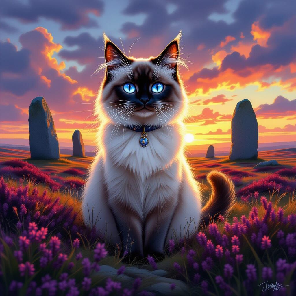 Siamese Cat on Windswept Moor at Sunset