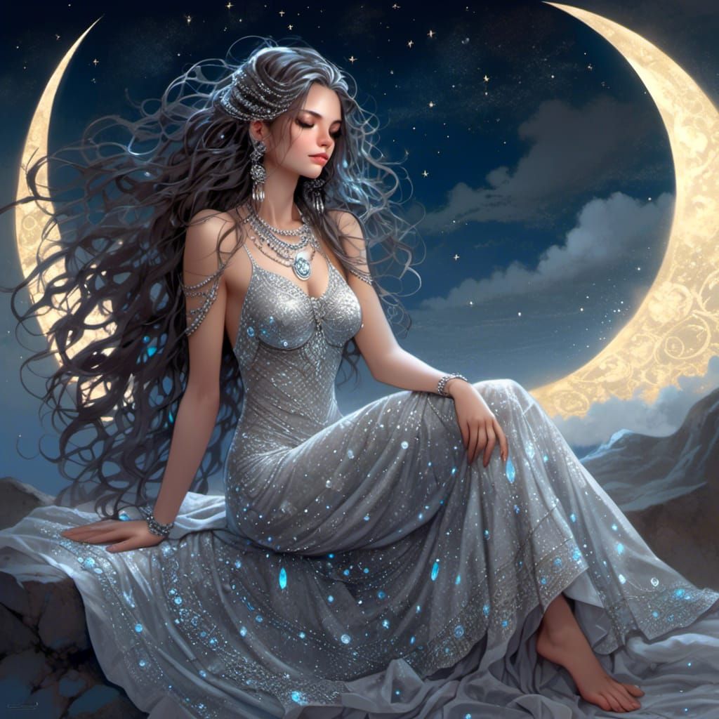 Woman on Crescent Moon in Royo Style