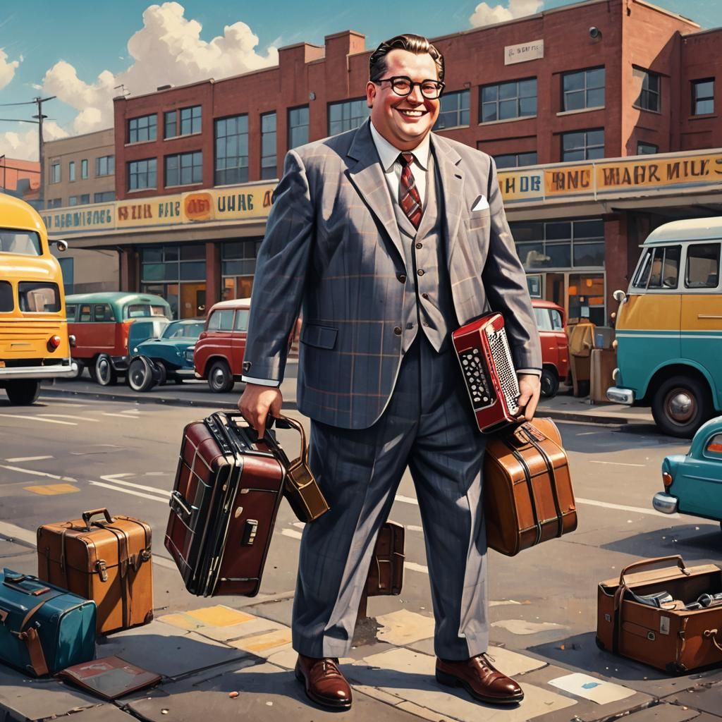 Smiling 1950s Man with Accordion Portrait