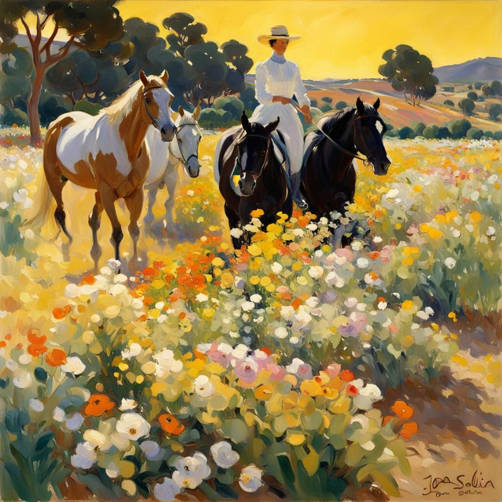 Spanish Field with Horses, Impressionist Style