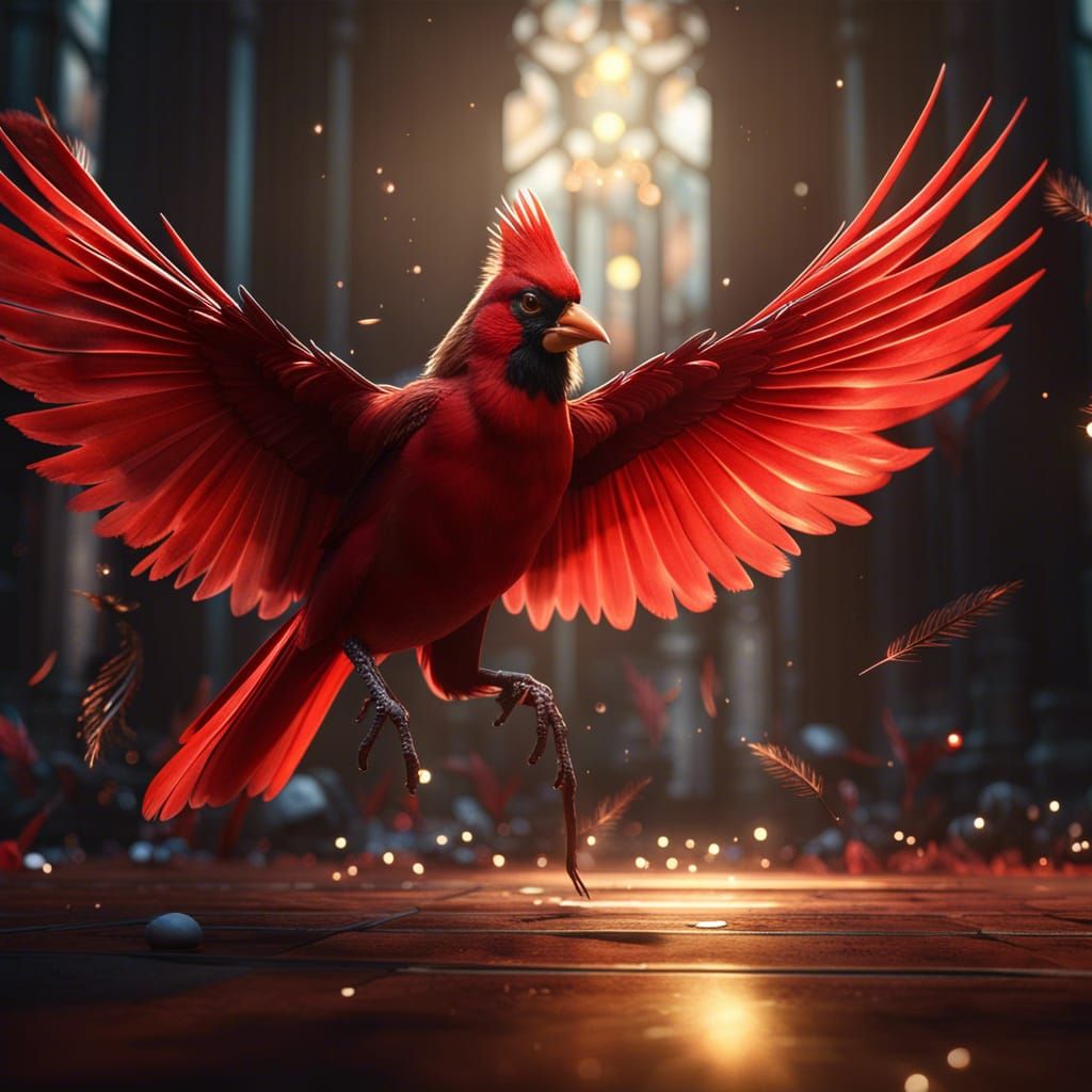 Cardinal in Flight with Orbs of Light