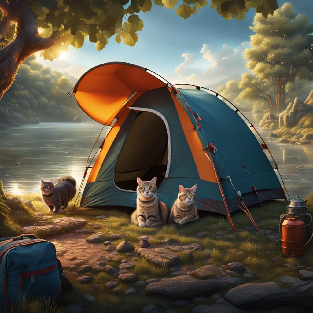 Riverside Camping with Cat: Detailed Matte Painting