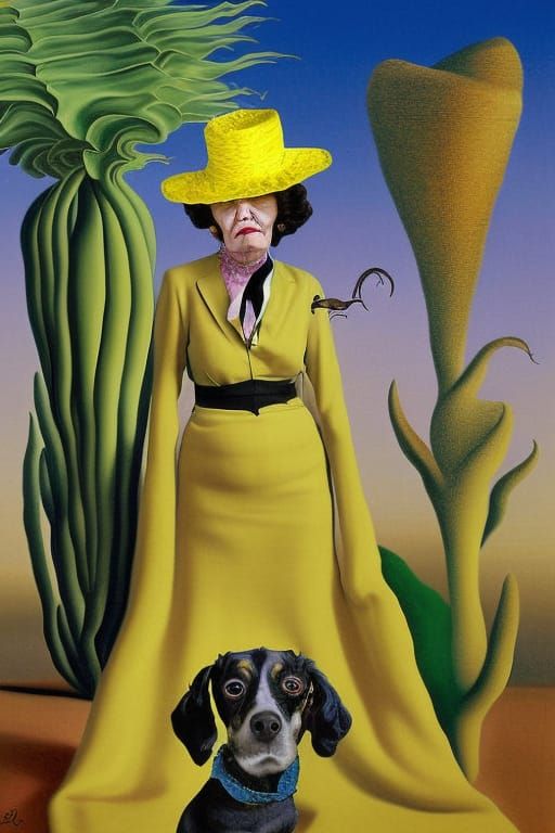 The Hatman's mother. Colorized Photograph based on a Salvador Dali painting of your mother wearing a yellow suit and a h...