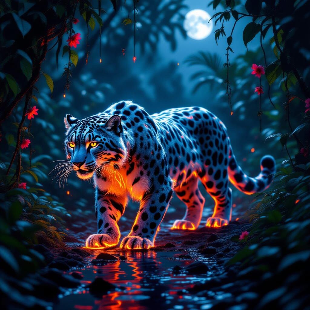 Molten Lava Snow Leopard in Moonlit Jungle
