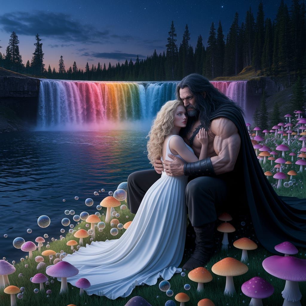 Mystical Waterfall Scene with Enchanted Couple