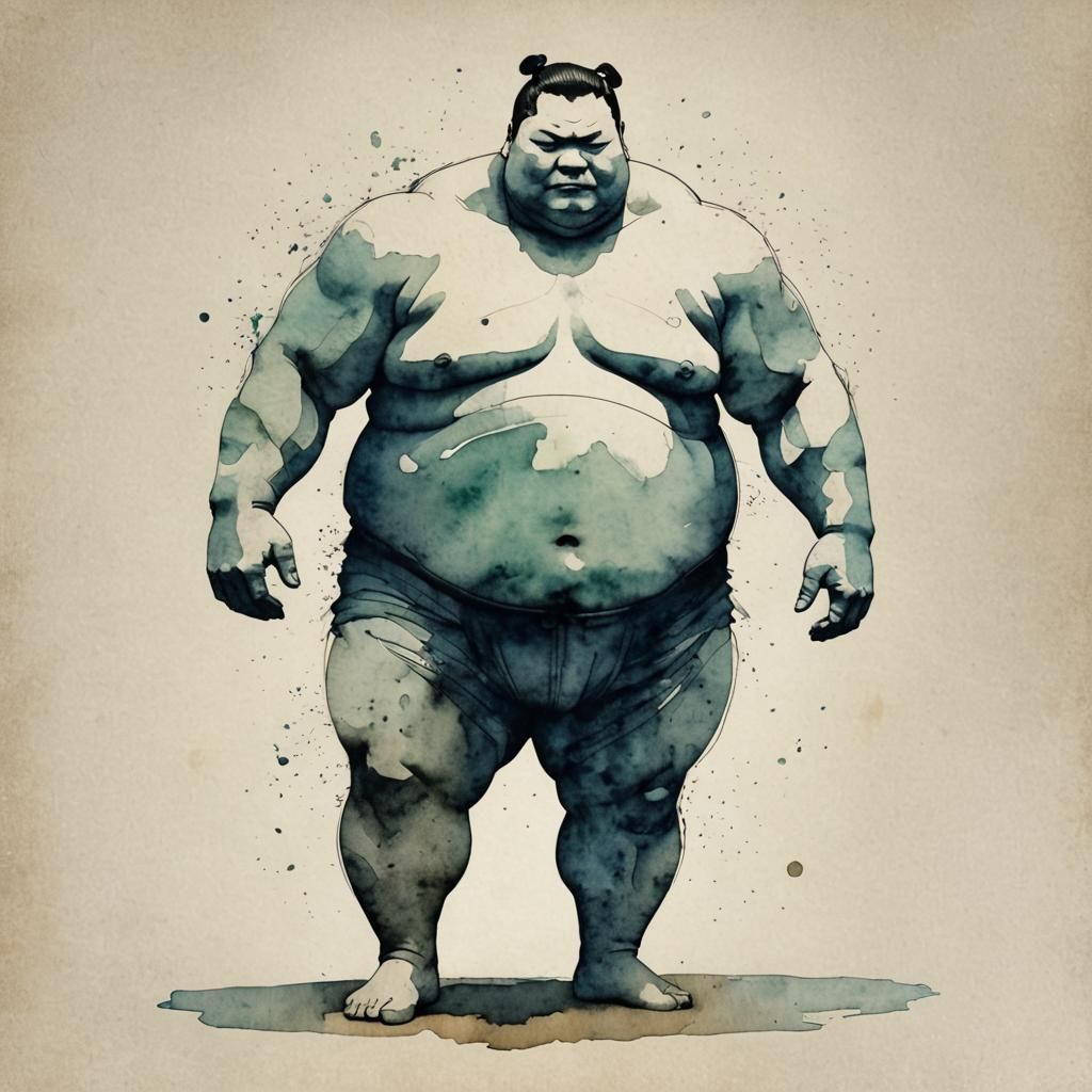 Minimalist Sumo Wrestler Double Exposure in Watercolor