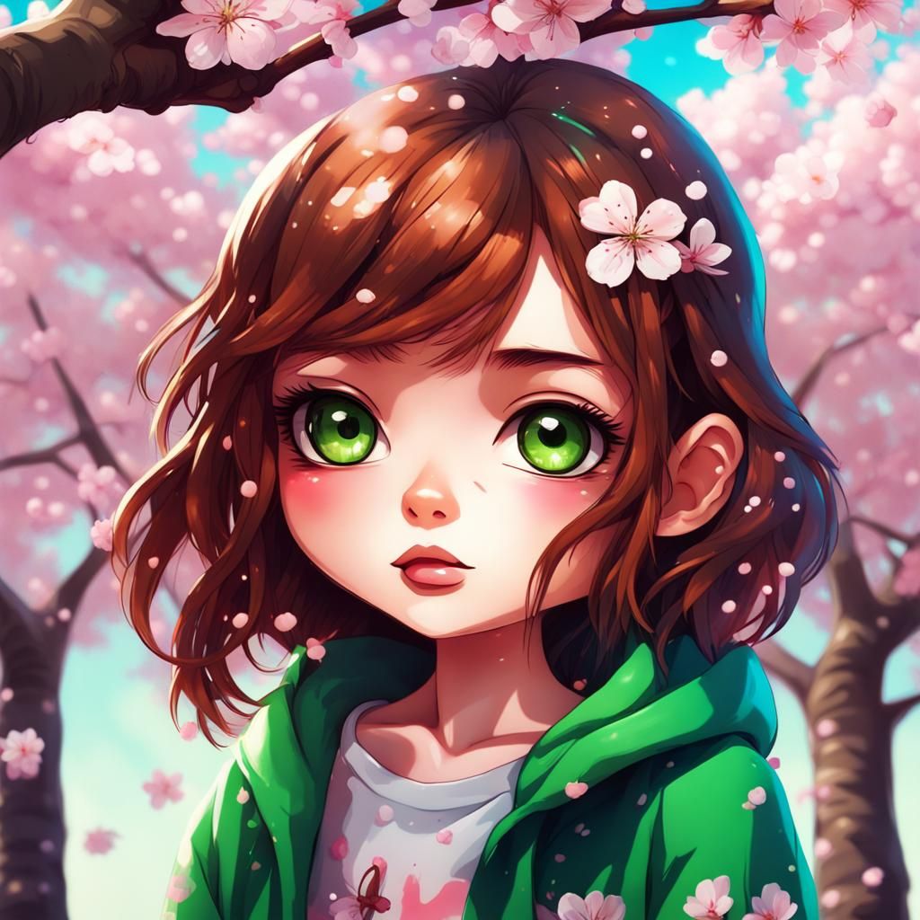 Chibi Girl with Cherry Blossoms in Graffiti Style
