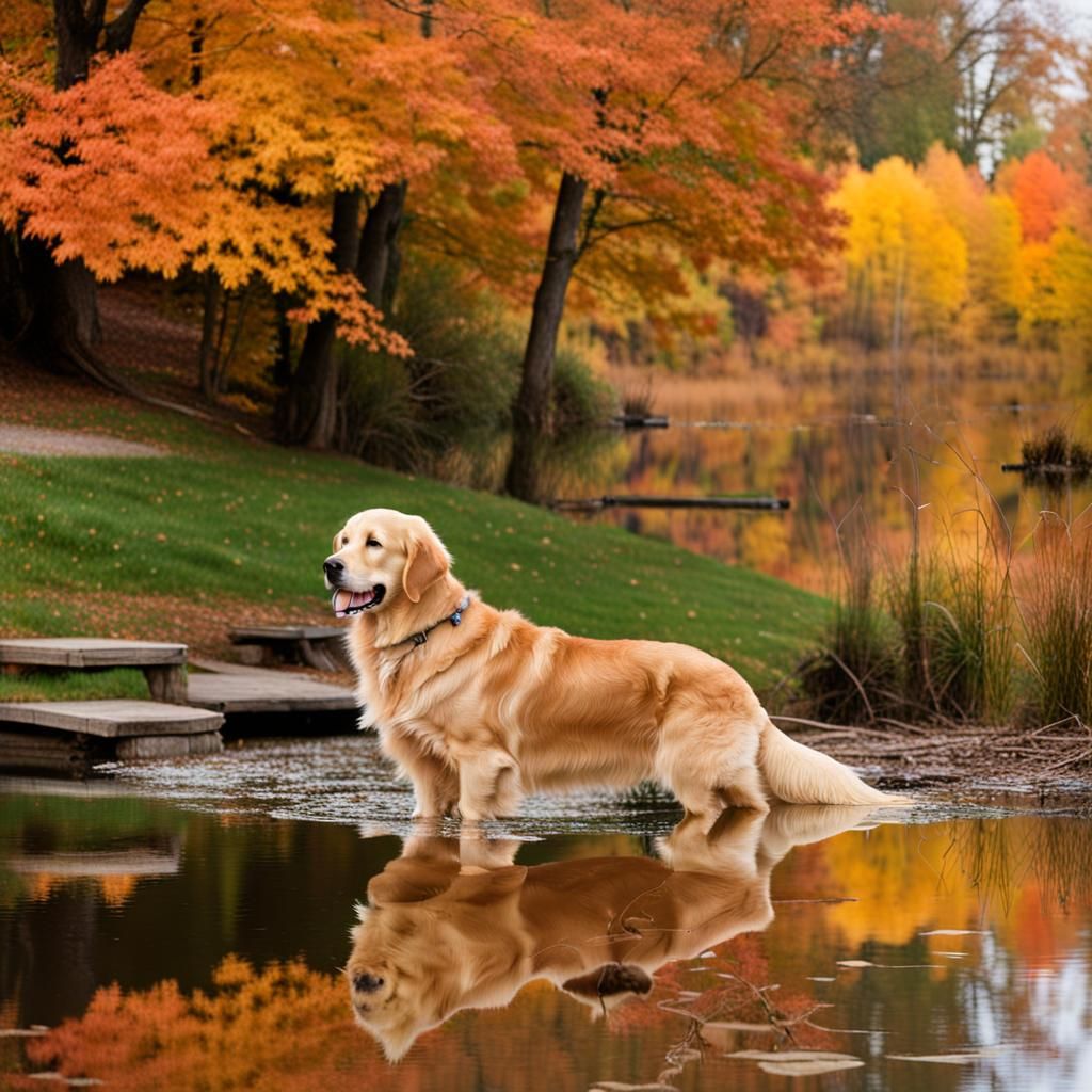 Golden Retriever by Pond in Autumn
