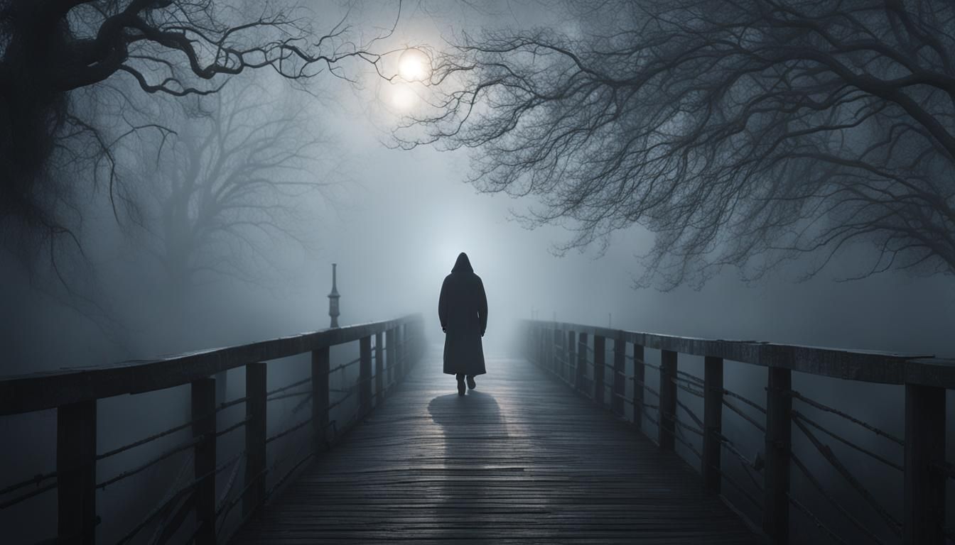 Figure Walking on Foggy Bridge at Night
