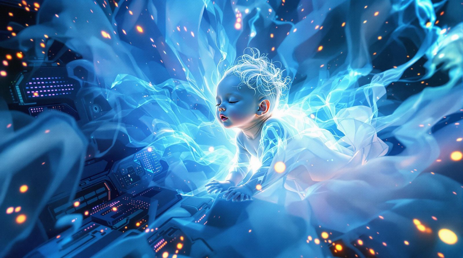 Baby in Cyberpunk Core as Watercolor Dreamscape