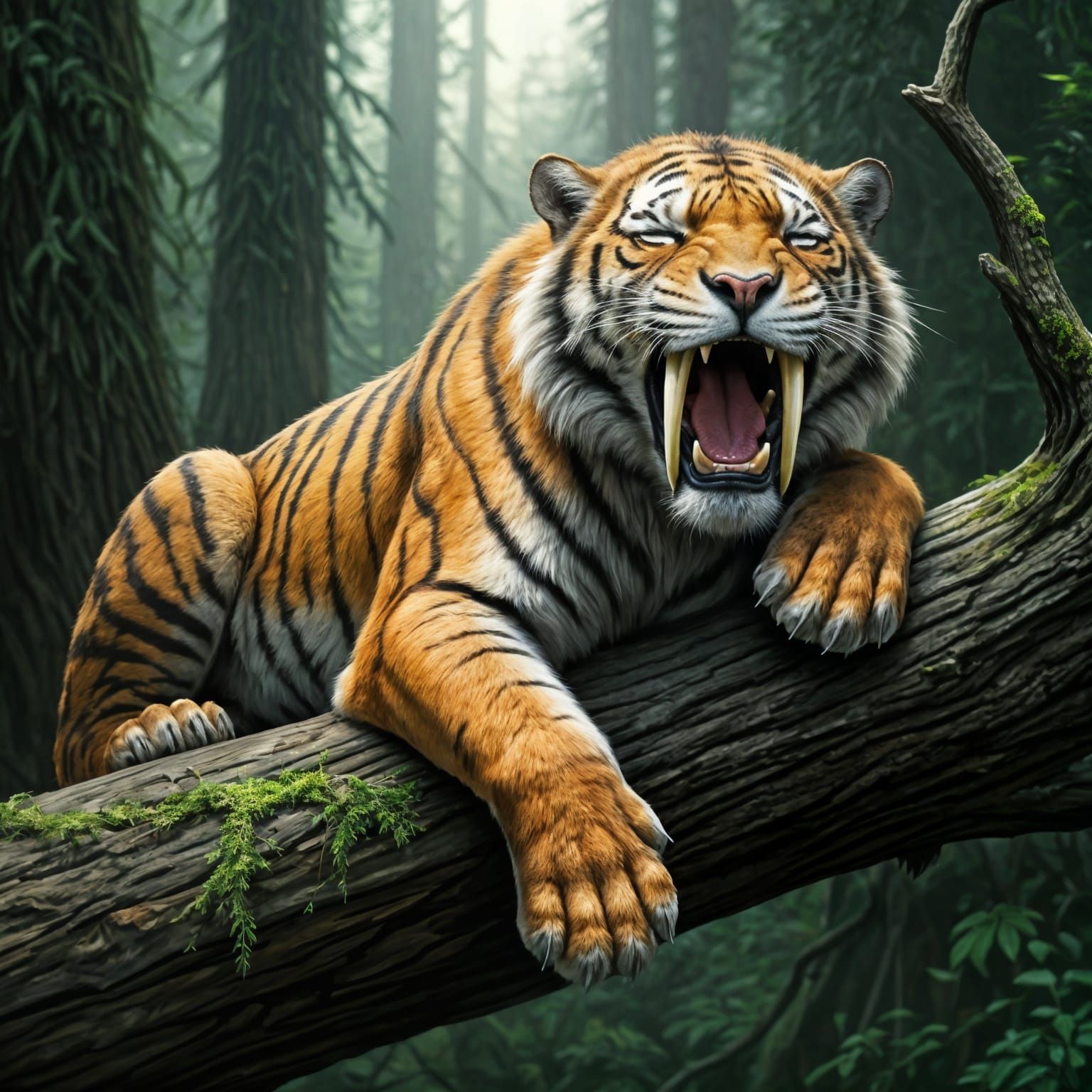 Majestic Sabertoothed Tiger in Dappled Prehistoric Forest