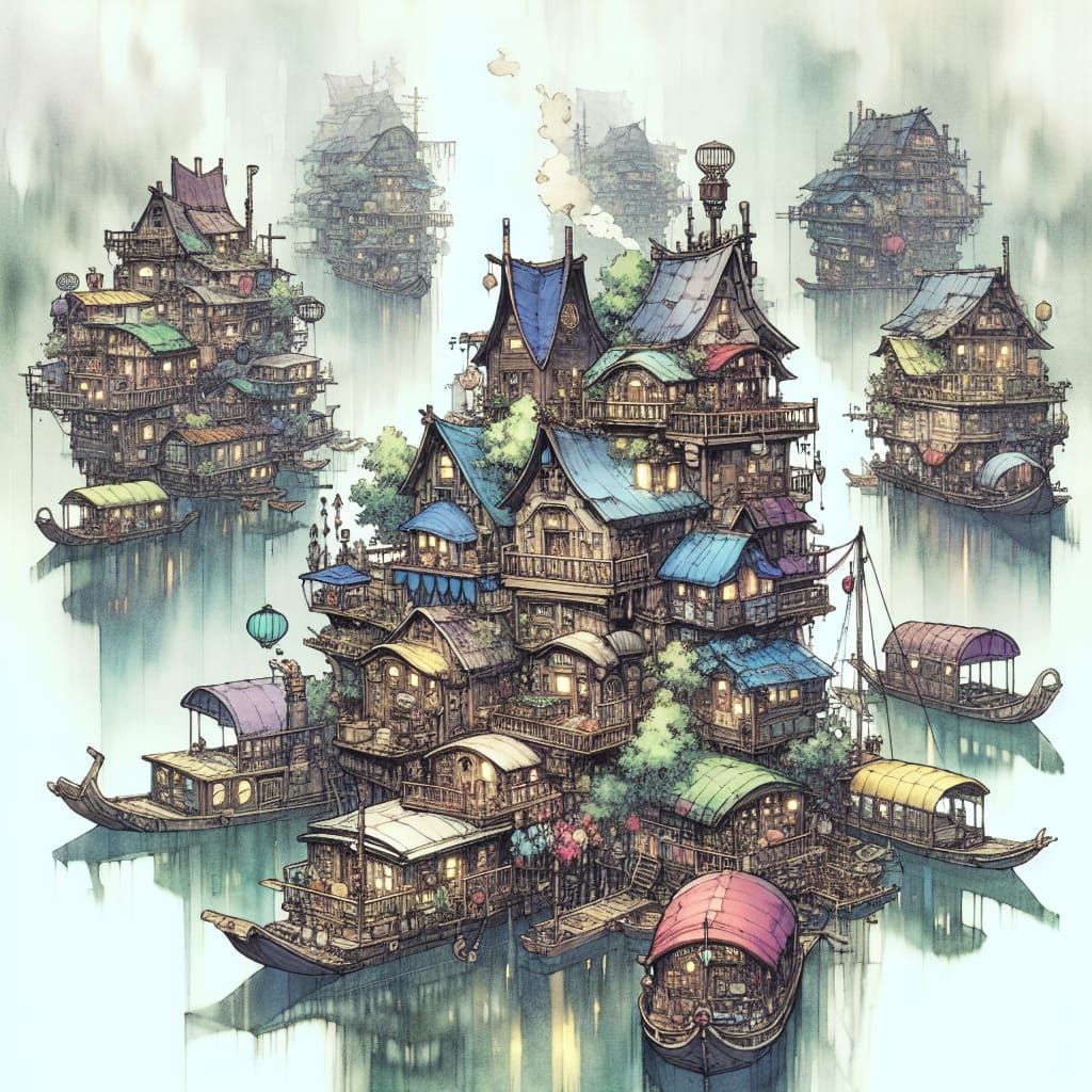 Anime Houseboats Form Floating Village on Misty Lake