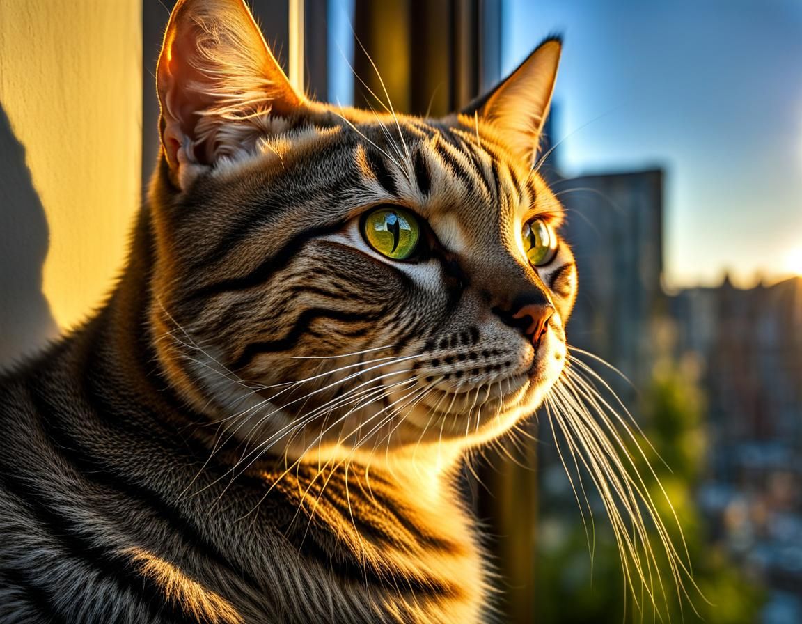 Hyperrealistic Cat Portrait in Evening Sunlight