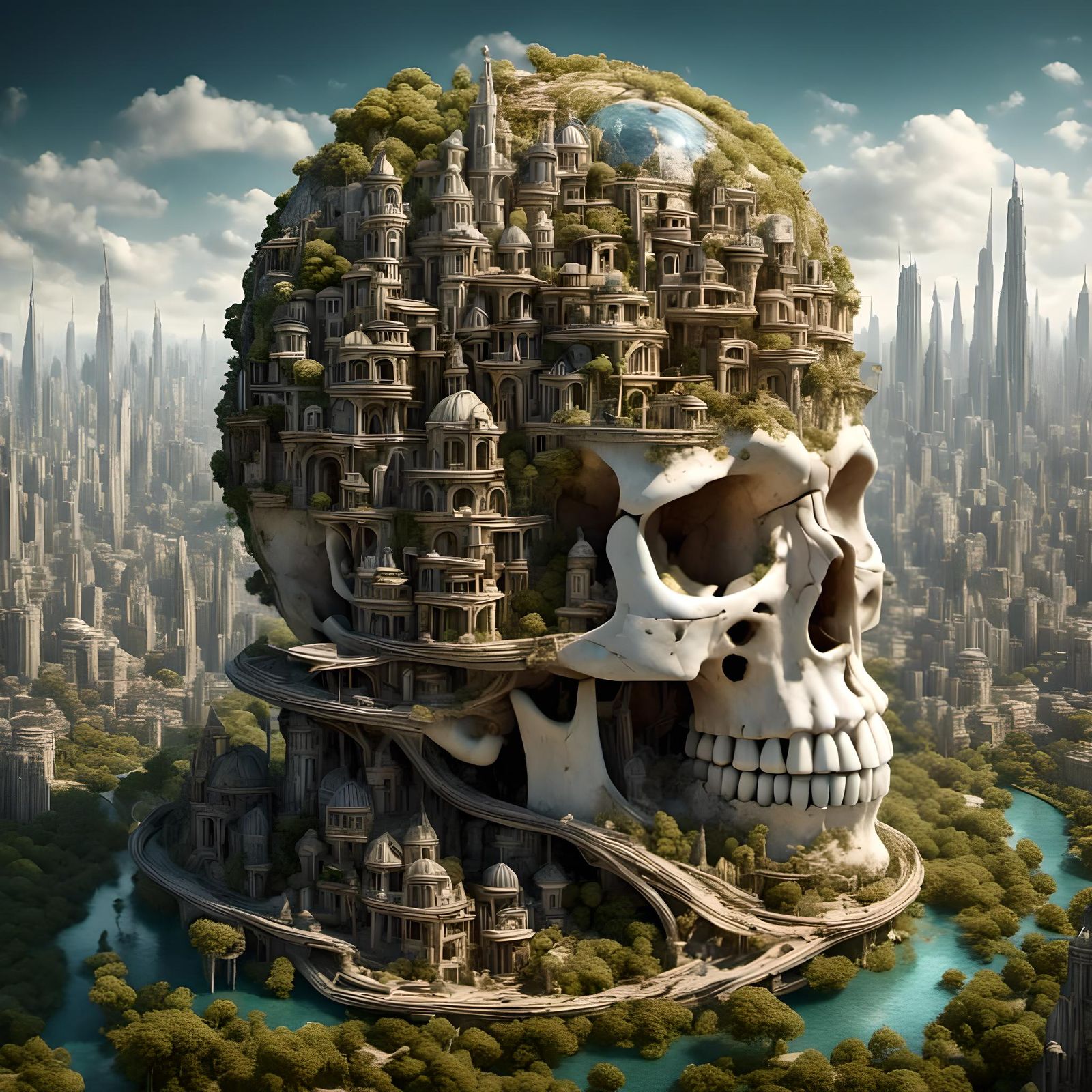 Solarpunk City Inside Hyperdetailed Skull