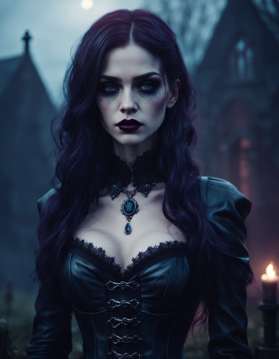 Ethereal Gothic Goddess in a Misty Graveyard at Dusk