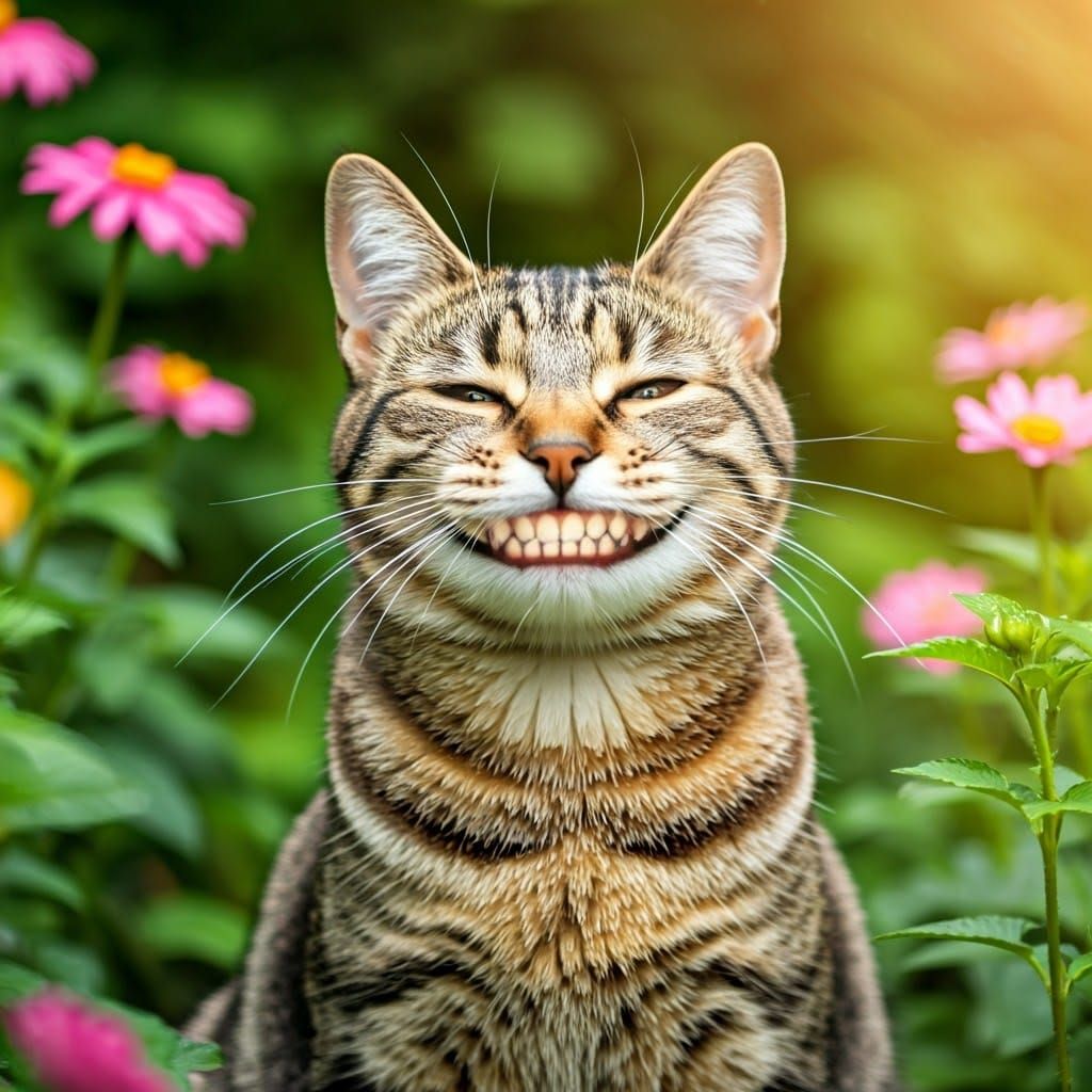 Whimsical Feline Portrayal in Vibrant Garden Setting