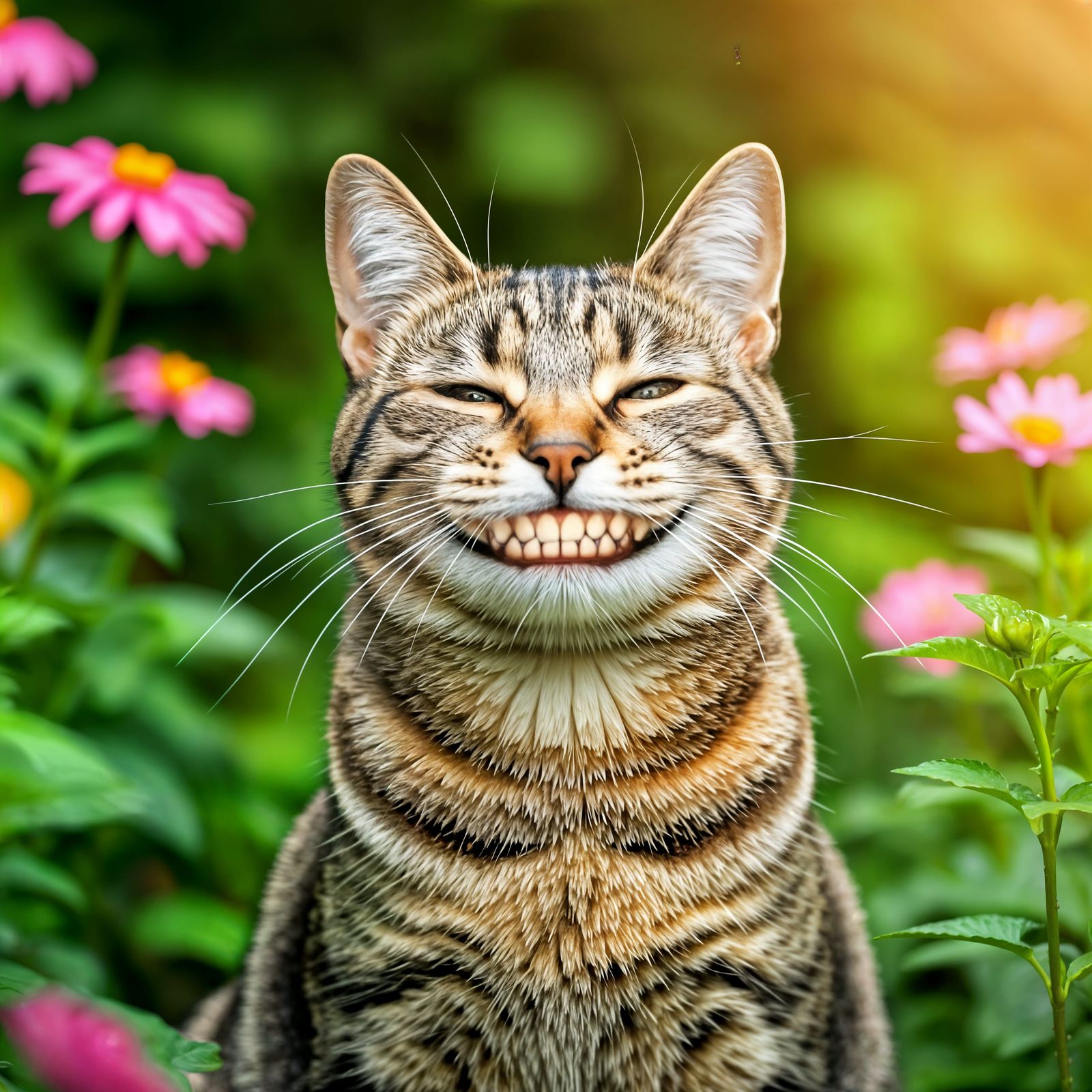 Whimsical Feline Portrayal in Vibrant Garden Setting