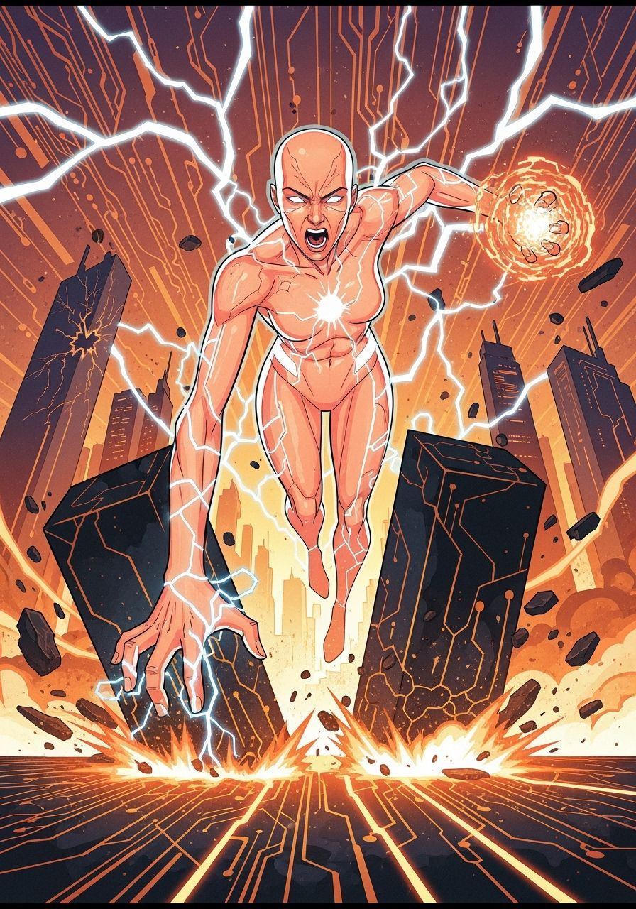 Peach Superhero Pierces Techno-Monolith: Comic Style