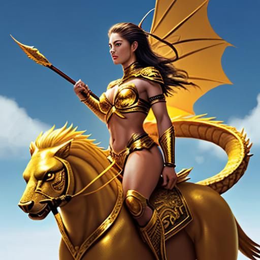Amazon Warrior Astride Golden Dragon