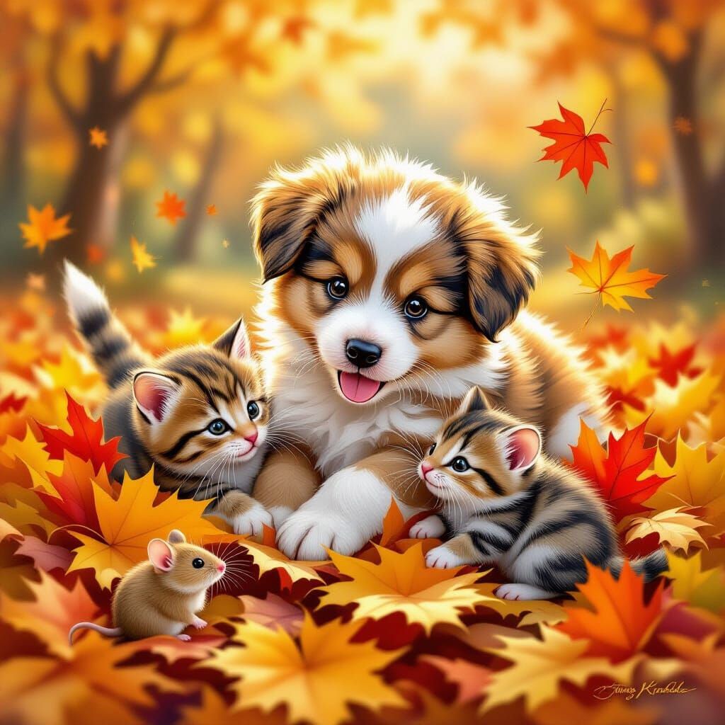 Puppy Kitten Mouse Autumn Leaves Oil Painting