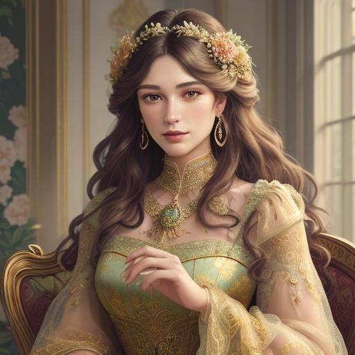 Woman with Flowers in Art Nouveau Style