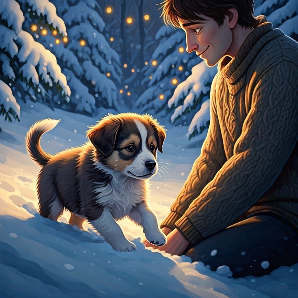 Whimsical Winter Scene with Snuggly Puppy and Gentle Guardia...