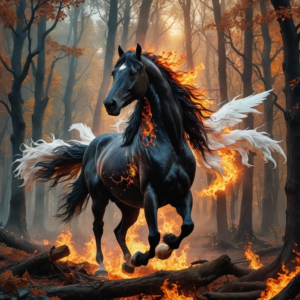 Fiery Horse Versus Pegasus in Mystical Forest