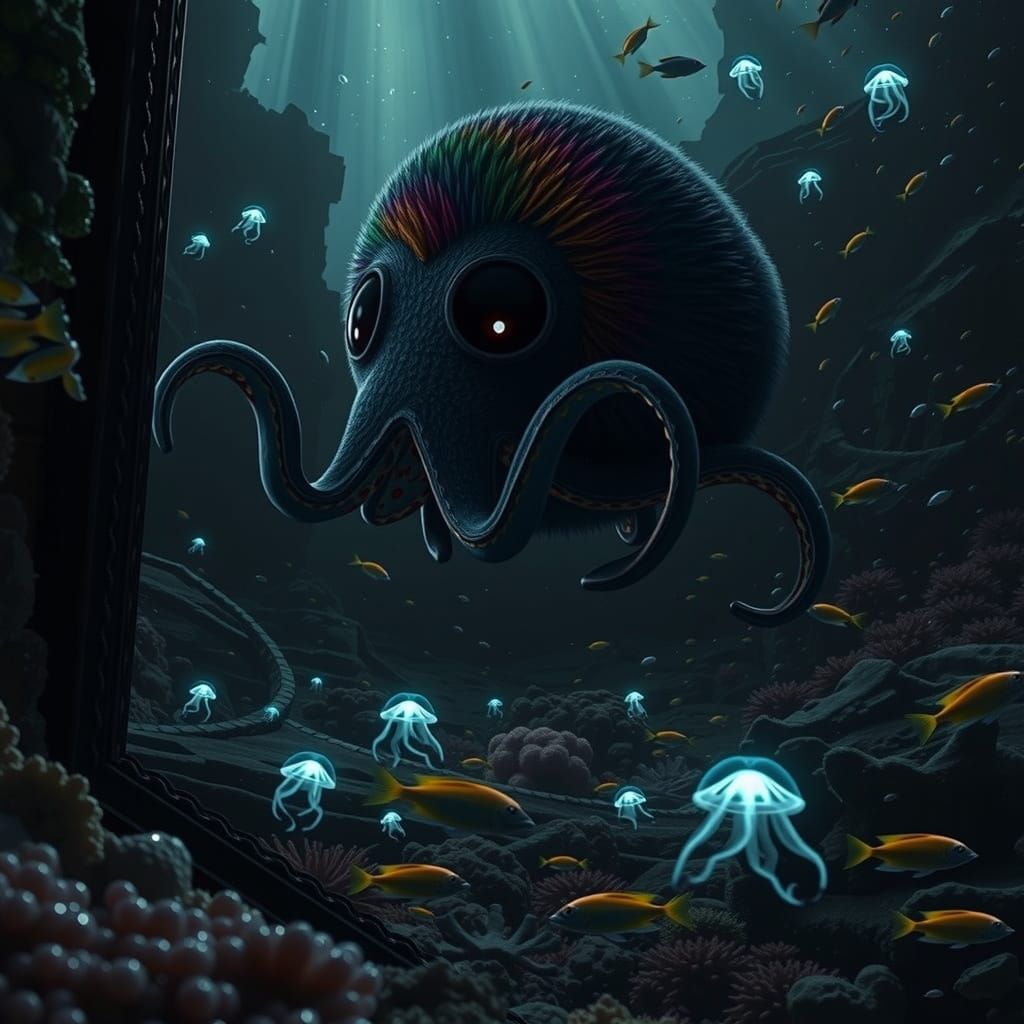 Cute Kawaii Baby Octopus in Vibrant Coral Reef Scene