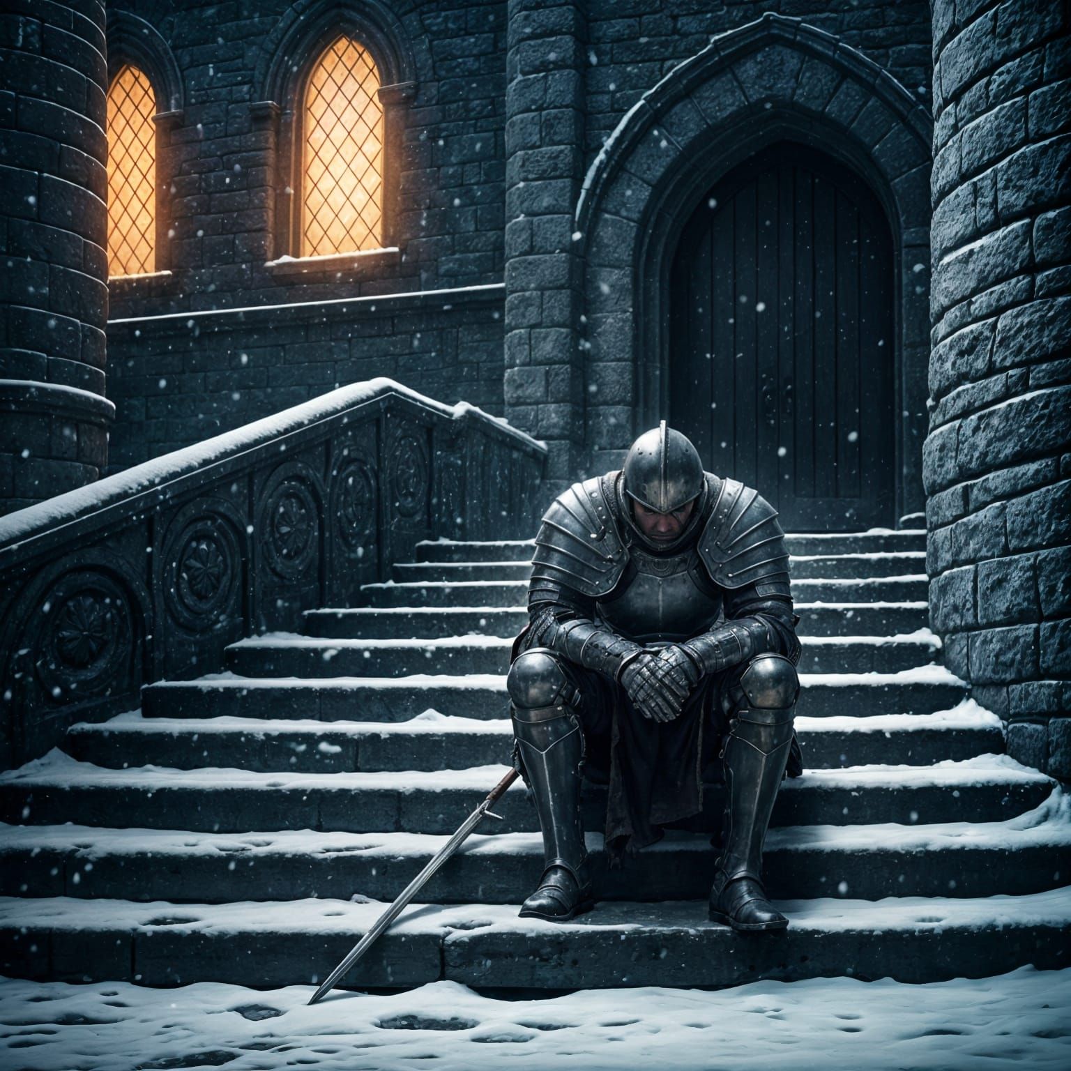 Dejected Knight in Shining, Battered Armor on Snowy Steps