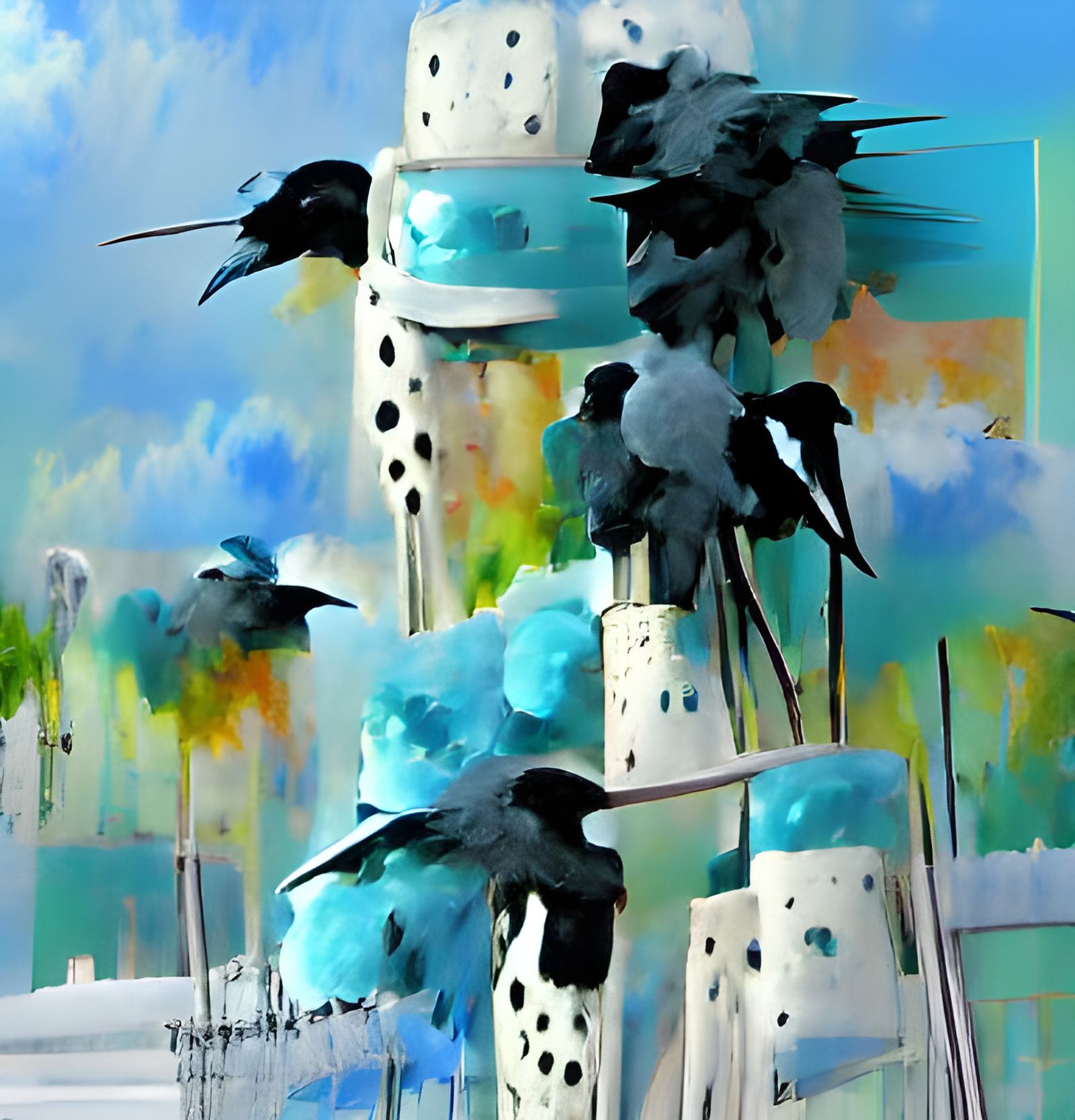 Polka Dot Crows on Tower, Mixed Media Art