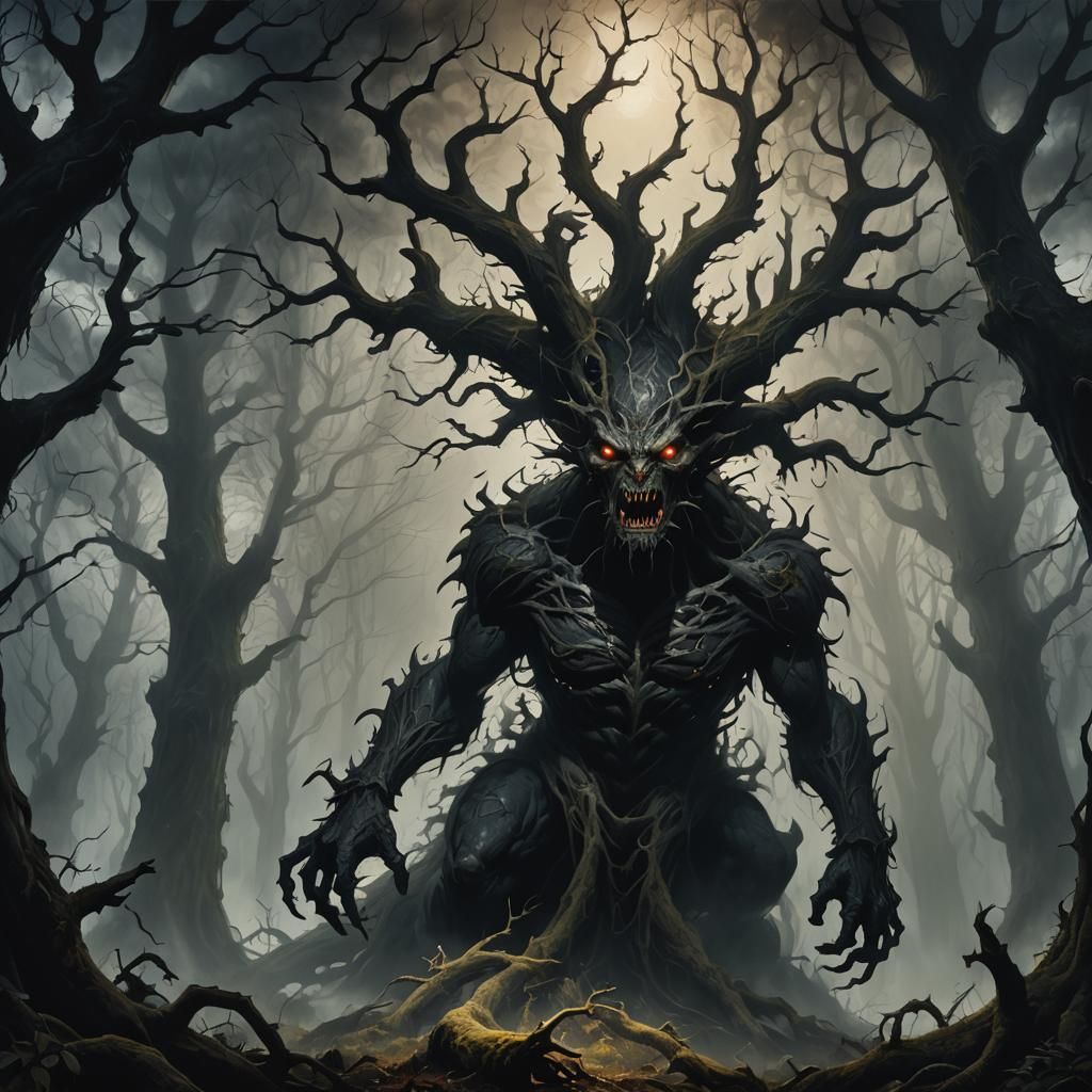 Monstrous Creature Emerges from Shadowy Forest