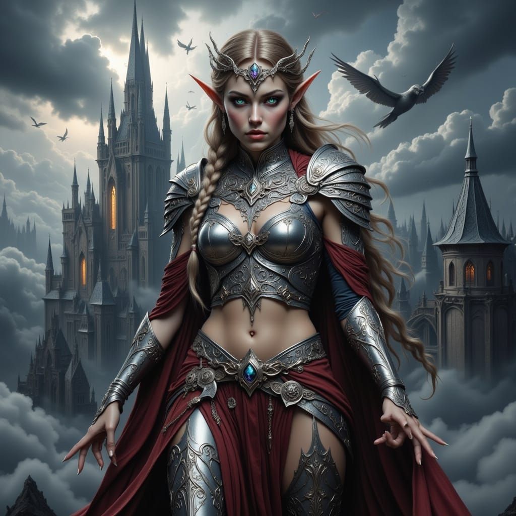 Fierce Elven Queen Before Gothic Castle