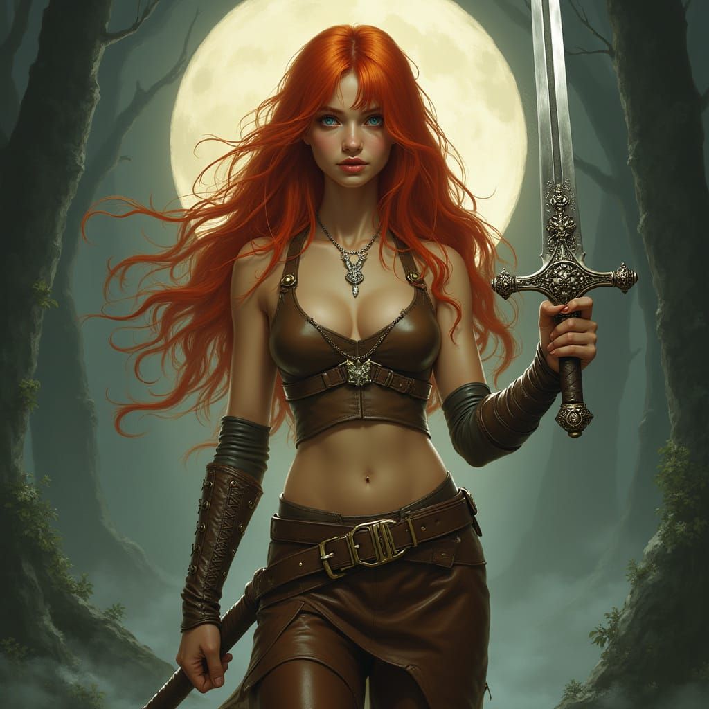 Fiery Red-Haired Warrior Maiden with Sword and Angel Pendant